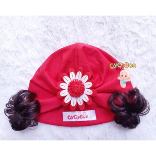Mũ Nón Turban Cho Bé Gái Thun Cotton Đính Bông Cúc Đỏ Trắng Kèm Búi 2 Bên