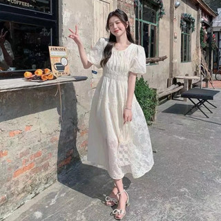 Váy hoa thêu tay phồng dáng xoè nhẹ nhàng, Đầm chiffon tay dài cổ chữ V dáng babydoll Order Quảng Châu