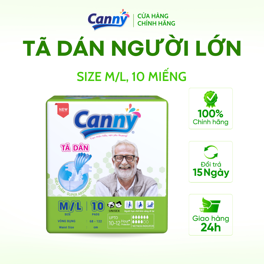 Tã Dán Người Lớn Canny Siêu Mềm, Siêu Thấm, Kháng Khuẩn Size M/L/XL (10 Miếng)