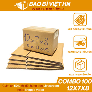 12x7x8 Combo 100 Hộp bìa carton đóng hàng, thùng giấy gói hàng ship cod - Bao Bì Việt HN
