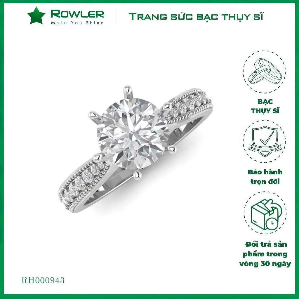 Nhẫn Solitaire 6 chấu bạc Thụy Sỹ 925 đính đá Moissanite 6.0ly _ROWLER RH000943