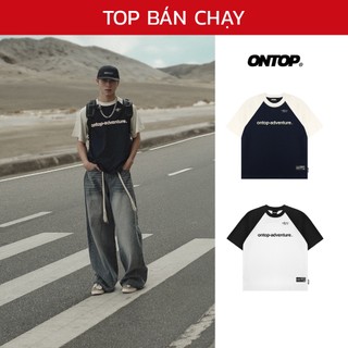 Áo thun raglan nam nữ phối tay ONTOP vải thun cotton màu xanh đen, trắng local brand Adventure Raglan Tee | O-T6