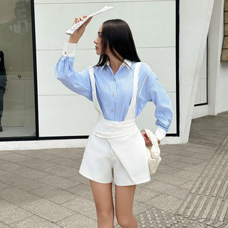 Joven Quần nữ Augety Shorts yếm trắng có li đắp xéo 1 bên túi sườn lưng cao