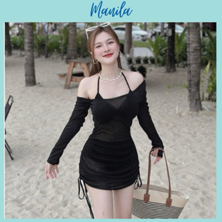 Set Bikini Set Đi Biển 3 Món Gồm Áo Bra Cổ Yếm Kèm Quần Lót Phối Cùng Váy Đi Biển Lệch Vai Rút Eo Ôm Body Gợi Cảm MANILA