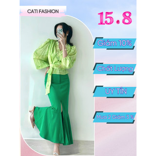 Set áo croptop buộc nơ phối chân váy đuôi cá xẻ trước A2578