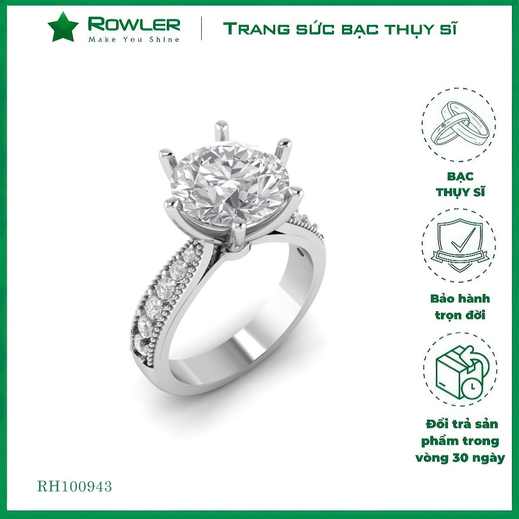 Nhẫn Royal Solitaire 6 chấu bạc Thụy Sỹ 925  đính đá Moissanite viên chủ 9.0ly  ROWLER RH100943