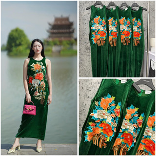 Váy nhung the sát nách thêu cây hoa to cực sang