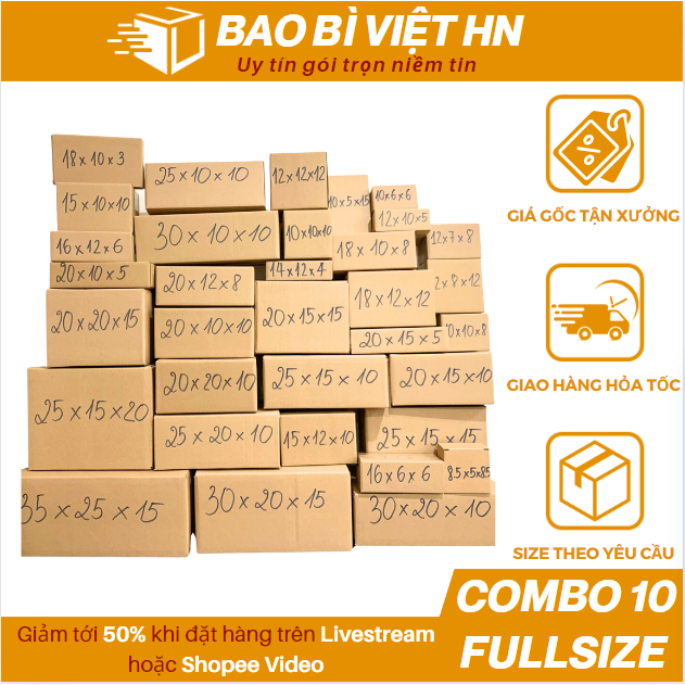 Combo 10 Hộp carton đóng hàng đa kích cỡ, chất liệu cứng cáp, giá gốc tận xưởng - Bao Bì Việt HN