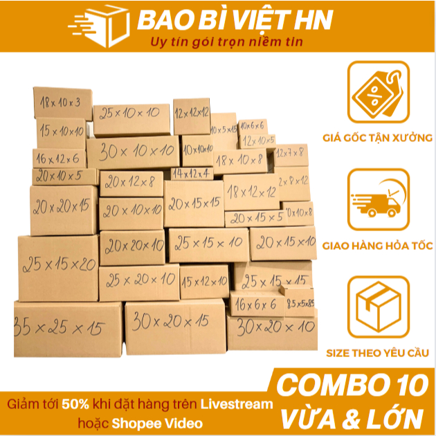 Combo 10 Hộp carton đóng hàng size VỪA và LỚN đầy đủ kích thước giá gốc tận xưởng - Bao bì Việt HN