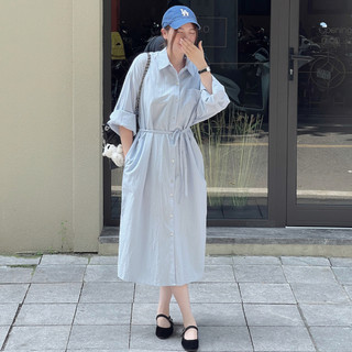 Váy sơ mi Cotton Xanh babyblue xẻ tà dây đai Our by Us
