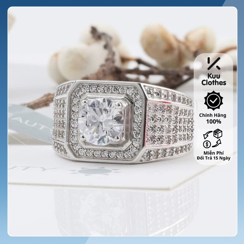 Nhẫn nam nữ nhẫn đính kim cương nhân tạo Unisex màu bạc Thời trang Kuu Clothes chất liệu đẹp đơn giản - Nhẫn Cuban Đá