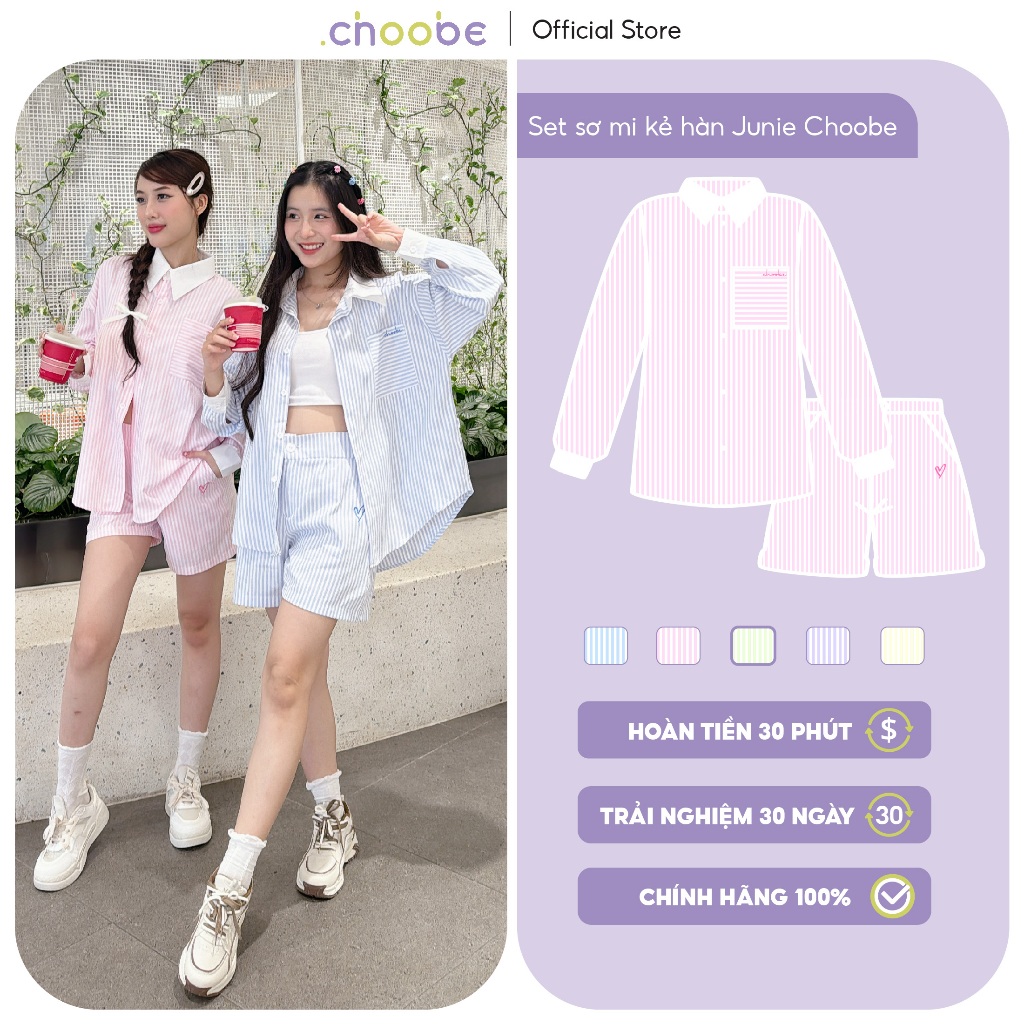Set bộ quần áo sơ mi Choobe dáng rộng hoạ tiết kẻ sọc phong cách Hàn Quốc màu pastel thanh lịch cao cấp ASM08 + QSM08