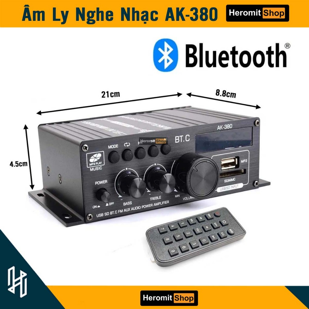 Amply Mini Bluetooth HiFi 12V AK-380 , Âm Ly Nghe Nhạc Bluetooth Usb Radio FM