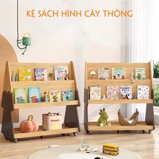 Kệ Sách Gỗ Trẻ Em Hình Cây Thông - Giá Sách Gỗ Cao Cấp Có Bánh Xe.TK11