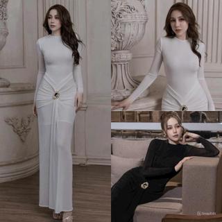 Váy body dáng dài tay dài phối tà trước C19 Nữ Dress