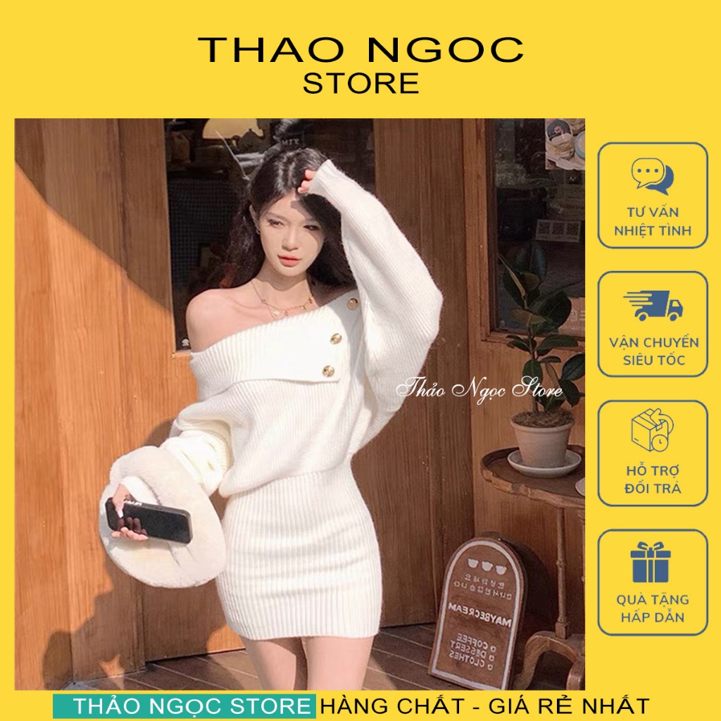  Đầm len body trễ vai tay dài phồng phối nút hàng nhập!  có sẵn hình thật  THẢO NGỌC STORE 