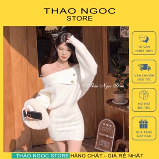 Đầm len body trễ vai tay dài phồng phối nút hàng nhập! (có sẵn, hình thật) THẢO NGỌC STORE