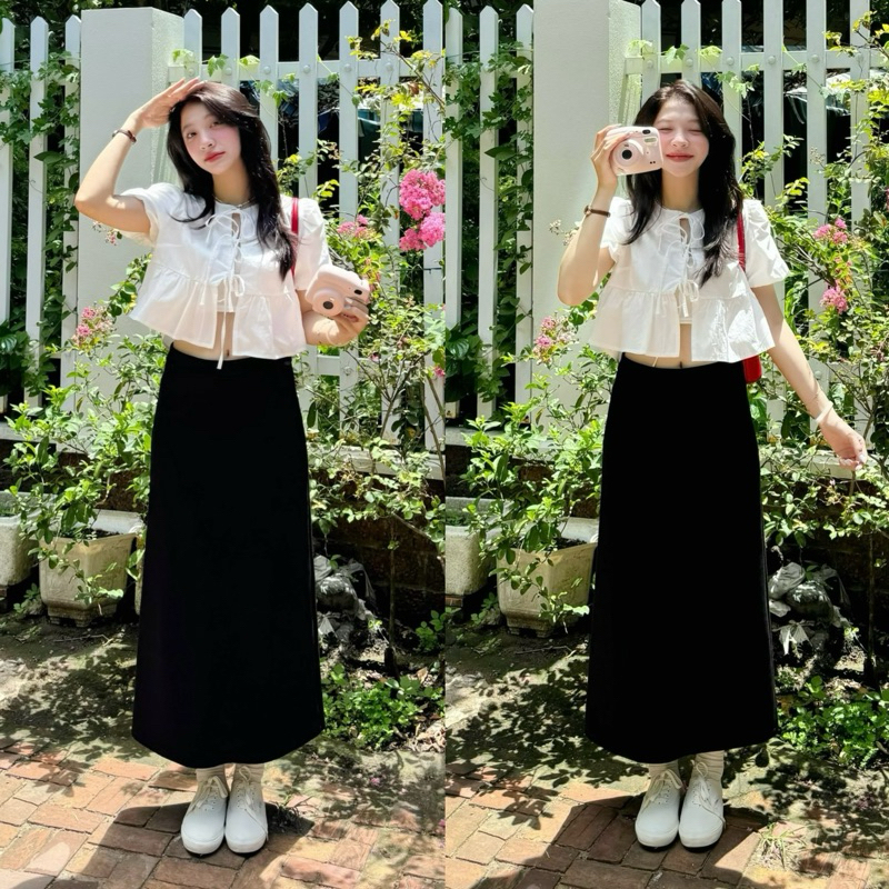 (ẢNH OLDSCHOOL) Chân váy đen dáng dài form midi co dãn
