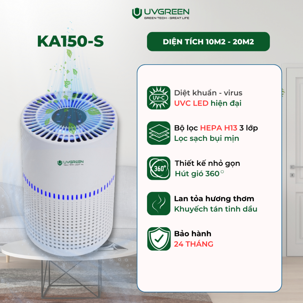Máy Lọc Không Khí Diệt Khuẩn UVGREEN KA150-UVC LED,Tinh Dầu,Lõi Lọc HEPA H13, Bảo Hành 24T | BigBuy360 - bigbuy360.vn