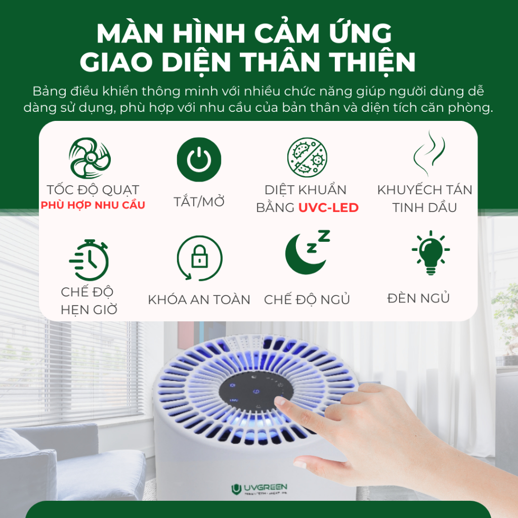 Máy Lọc Không Khí Diệt Khuẩn UVGREEN KA150-UVC LED,Tinh Dầu,Lõi Lọc HEPA H13, Bảo Hành 24T | BigBuy360 - bigbuy360.vn