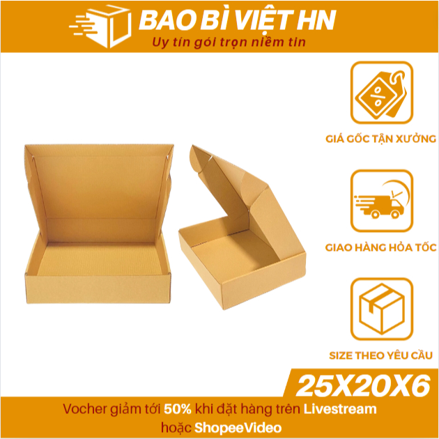 25x20x6 Combo 20 Hộp carton nắp gài, hộp giấy nắp cài đóng gói quần áo giá rẻ - Bao Bì Việt HN