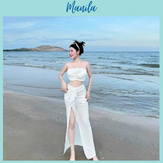 Sét Bikini đồ bơi nữ đi biển Áo Quây Phối Hoa Kèm Chân Váy Sẻ Tà MANILA