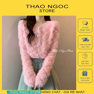 Áo len lông thỏ croptop tay dài nút ngọc cổ tròn hàng nhập! (có sẵn, hình thật) THẢO NGỌC STORE