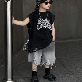 SB24_5 Set Bộ Bé Trai Gồm Áo Sát Nách Đen Và Quần Short Jean Size Từ 15kg Đến 32kg