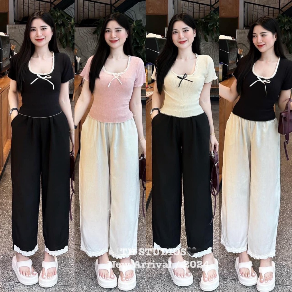 Set Áo Thun Tăm Lạnh Đính Nơ Ngực Mix Quần Ren Gấu Cạp Chun Siêu Đỉnh (Ảnh Thật Trải Sàn) Lollaye