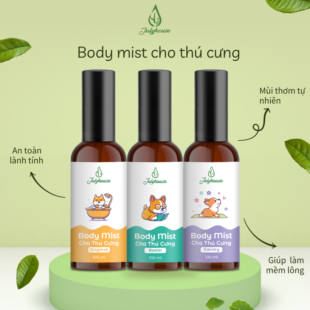 Bodymist xịt thơm khử mùi cho chó mèo JULYHOUSE 20ml/100ml lưu hương lâu với hương nước hoa, dưỡng lông cho thú cưng
