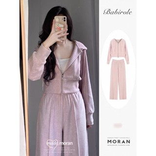 (ORDER) Set áo nỉ + quần dài thể thao MORAN màu hồng có mũ kéo khóa phong cách tiểu thư Hàn Quốc