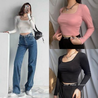  Áo phông cổ vuông croptop tay dài cotton 100% JOY BABE áo bó thun ôm phong cách cổ u brandy 6D CROD 5 