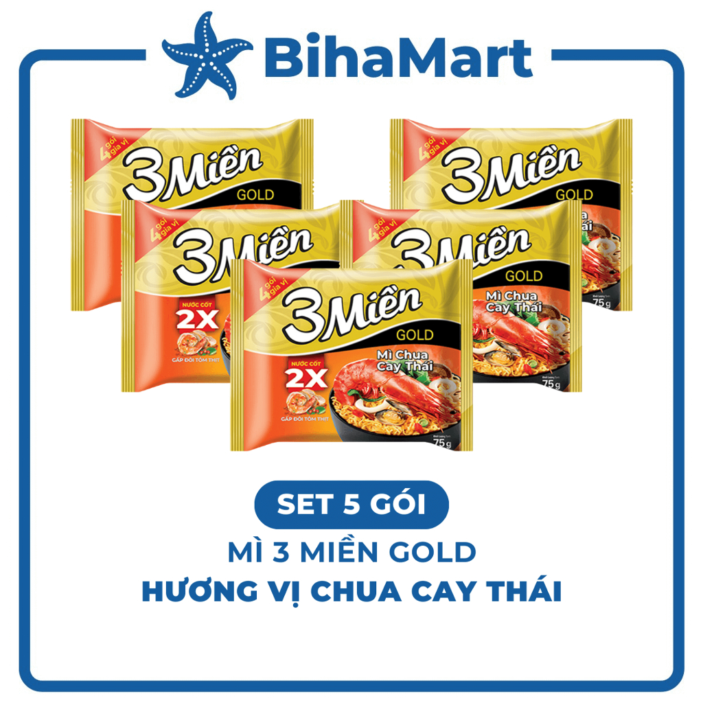 [SET 5 GÓI] - UNIBEN - Mì 3 Miền Gold hương vị Chua Cay Thái (75g/gói) - Mì ăn liền Chua Cay Thái 3 