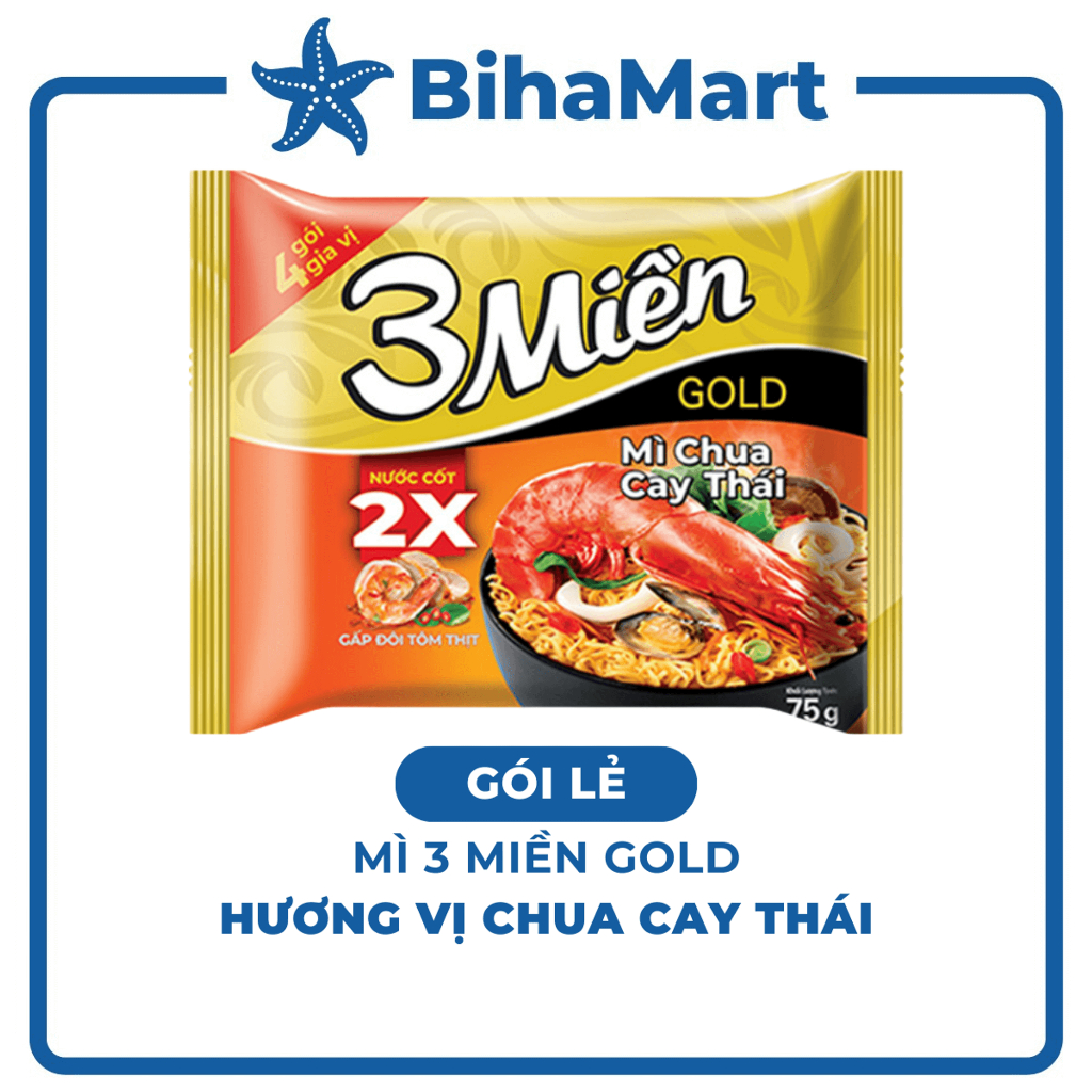 [GÓI LẺ] - UNIBEN - Mì 3 Miền Gold hương vị Chua Cay Thái (75g/gói) - Mì ăn liền Chua Cay Thái 3 Miề