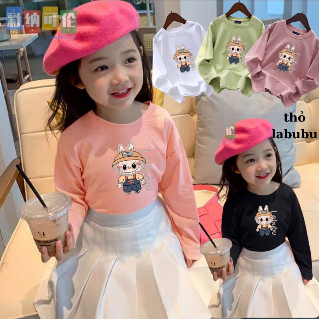 Áo Thun Cho Bé Thu Đông, Ao Phông Dài tay Cho bé HÌNH THỎ LABUBU, chất Cotton 100% đảm bảo mềm, đẹp