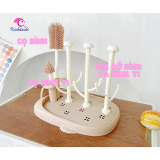 Khay úp bình sữa kèm bộ cọ bình Silicone cao cấp Kichilachi, giá úp bình sữa 4in1 cho bé - Miniboo