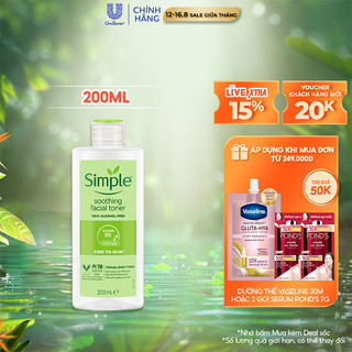 Nước hoa hồng Simple Toner làm dịu và cân bằng độ ẩm cho da - lành tính 200ml [CHÍNH HÃNG ĐỘC QUYỀN]