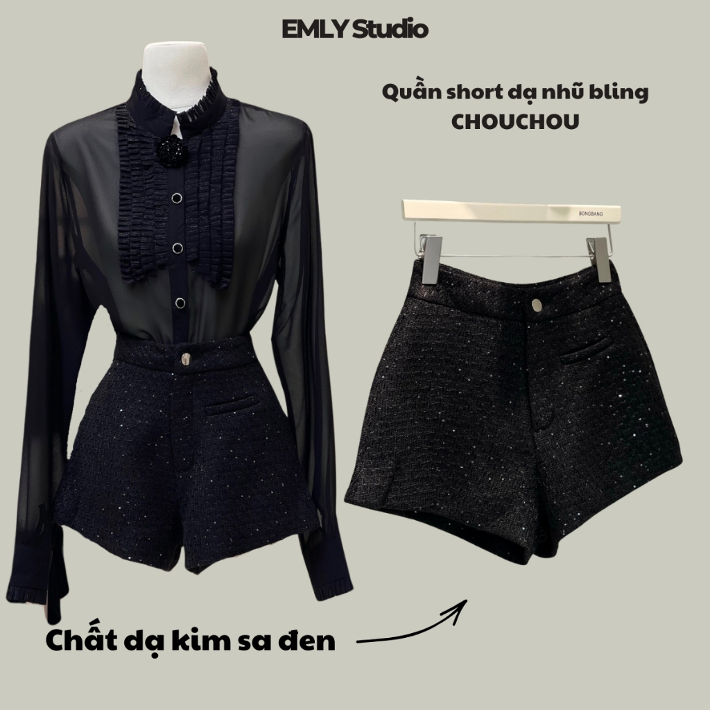  EMLYvn - Quần Short Dạ Nhũ Bling CHOUCHOU Quần Dạ Nữ  TWEED  Quần Đùi Đính Kim Tuyến Cao Cấp 