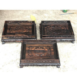 Khay trà chân quỳ trạm rồng gỗ mun hoa