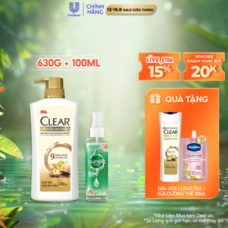 Combo Dầu Gội CLEAR 9 Thảo Dược Cổ Truyền 630G và Xịt dưỡng tóc tinh dầu bưởi Sunsilk Natural tóc chắc khỏe 100ml