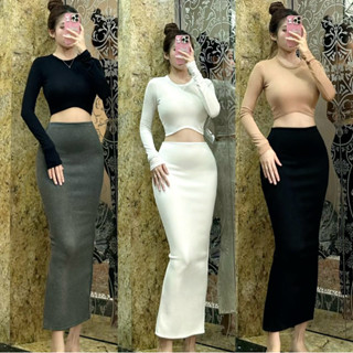 S252 - Set Áo Croptop Tay Dài + Chán Váy Ôm Xẻ Sau - Ngọc Lucie