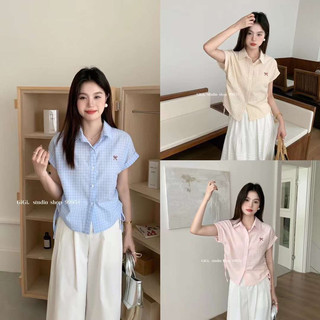 Áo sơ mi kẻ caro rút dây thêu nơ GiGi
