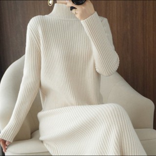 Váy len thu đông 2024, Đầm len cổ cao dáng suông style Hàn Quốc nhẹ nhàng sang chảnh