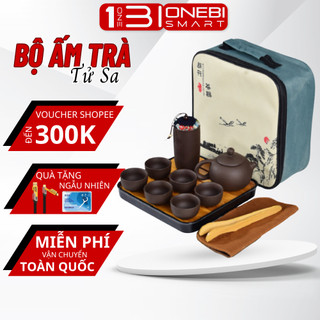 Bộ ấm chén uống trà tử sa 6 chén, 12 món, bộ ấm chén trà đạo bằng gốm, tráng men kèm túi đựng xách tay tiện lợi