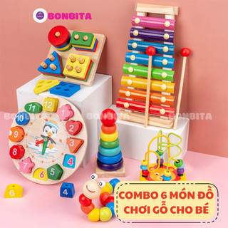 ĐỒ CHƠI GỖ THÔNG MINH PHÁT TRIỂN TRÍ TUỆ CHO BÉ Combo 6 món giá tiết kiệm dành cho bé 1 2 3 4 tuổi