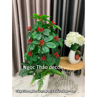 Cây kim ngân lượng kèm tiểu cảnh 1m, cây hoa giả trang trí, decor