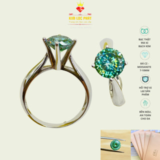 Nhẫn Moissanite màu xanh 100 giác, Nhẫn bạc xi bạch kim 1 hột 4 chấu, Nhẫn kim cương nhân tạo moissanite có kiểm định
