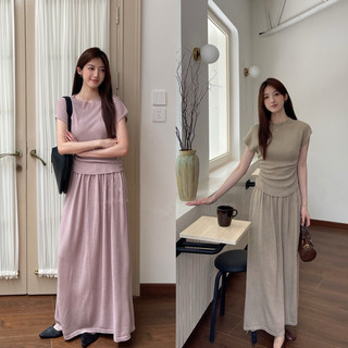 Petbychang - Set len tay lơi rúm eo dáng dài basic, style Hàn quốc dễ mặc hàng ngày