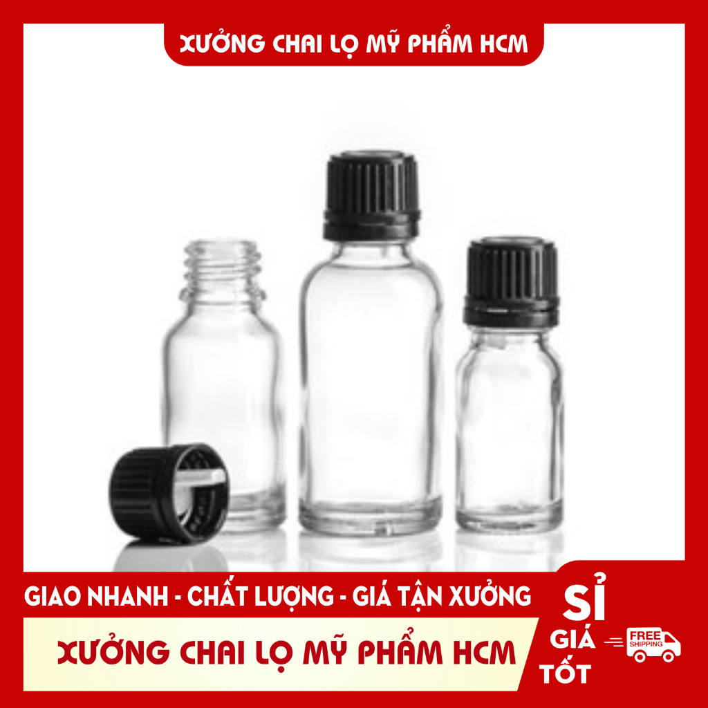 Chai Thủy Tinh GINGER SHOTS THÂN TRONG Nắp Vặn ĐEN DẸT Nhỏ Giọt 5ML 10ML 15ML 20ML 30ML 40ML 50ML 100ML