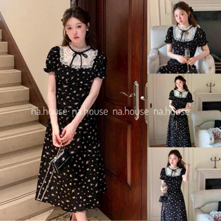 Đầm hoa nhí tiểu thư dáng dài đi chơi đi tiệc Nahouse váy voan hoa đen tay ngắn nơ cổ thiết kế đẹp xinh xịn sang trọng